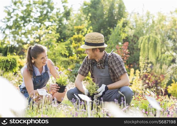 Gardeners talking while gardening at plant nursery