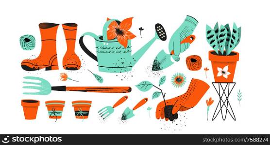 Gardening and floriculture. A set of tools for the gardener. Flat vector illustration on a white background with vintage textures.. A set of tools for the gardener. Flat vector illustration on a white background.