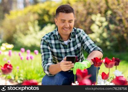 gardening and people concept - happy smiling middle-aged man with smartphone taking care of flowers at summer garden. middle-aged man with smartphone at flower garden