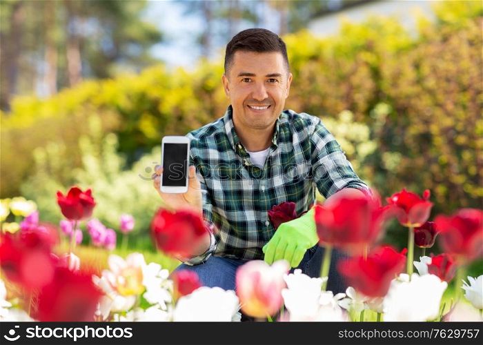 gardening and people concept - happy smiling middle-aged man with smartphone taking care of flowers at summer garden. middle-aged man with smartphone at flower garden