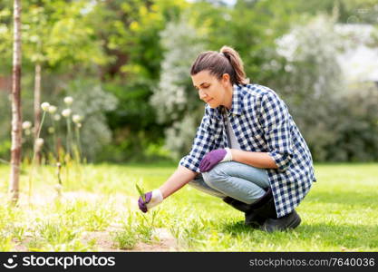 gardening and people concept - happy smiling woman weeding flowerbed at summer garden. woman weeding flowerbed at summer garden