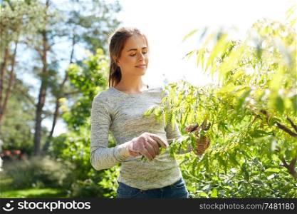 gardening and people concept - happy young woman or gardener with pruner taking care of bushes at summer garden. woman with pruner cutting bushes at summer garden