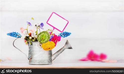 Gardening background with Watering can , garden flowers and gardening sign, front view