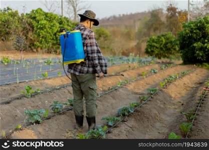 Gardening concept a young male farmer spraying a chemical pesticide for preventing the crops from the pests.