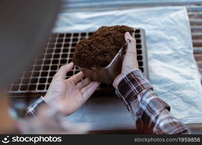 Gardening concept two hand of a gardener inserting rich black soil to nursery trays preparing for growing seedlings.