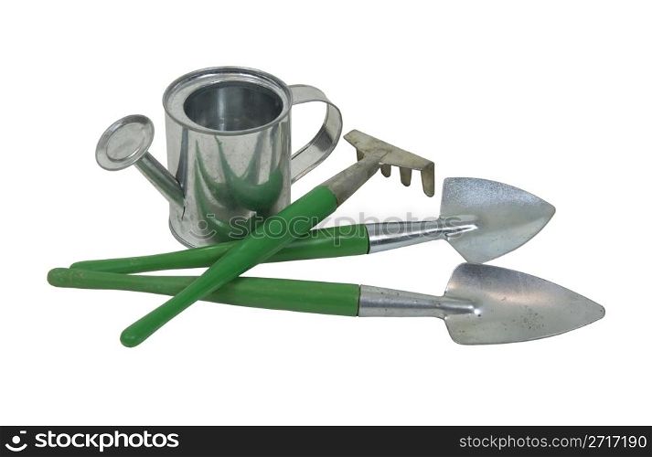 Gardening essentials including watering can and tools - path included