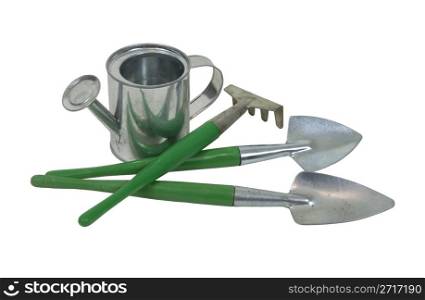 Gardening essentials including watering can and tools - path included