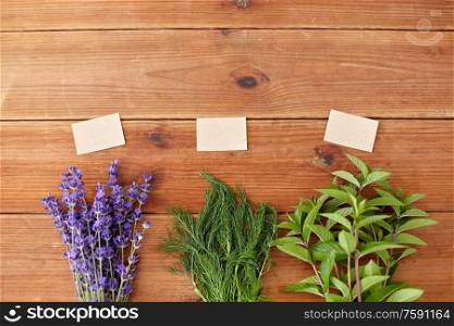 gardening, ethnoscience and herbs concept - bunches of lavender, dill and peppermint with name tags on wooden background. lavender, dill and peppermint on wooden background