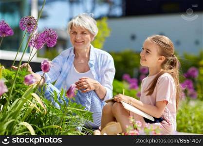 gardening, family and people concept - happy grandmother and granddaughter study flowers at summer garden and writing to notebook. grandmother and girl study flowers at garden. grandmother and girl study flowers at garden