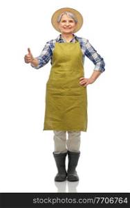 gardening, farming and old people concept - portrait of smiling senior woman in green garden apron, straw hat and rubber boots showing thumbs up over white background. senior woman in garden apron showing thumbs up
