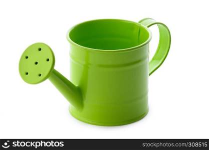 Gardening: little green watering can, isolated on white background. Green watering can