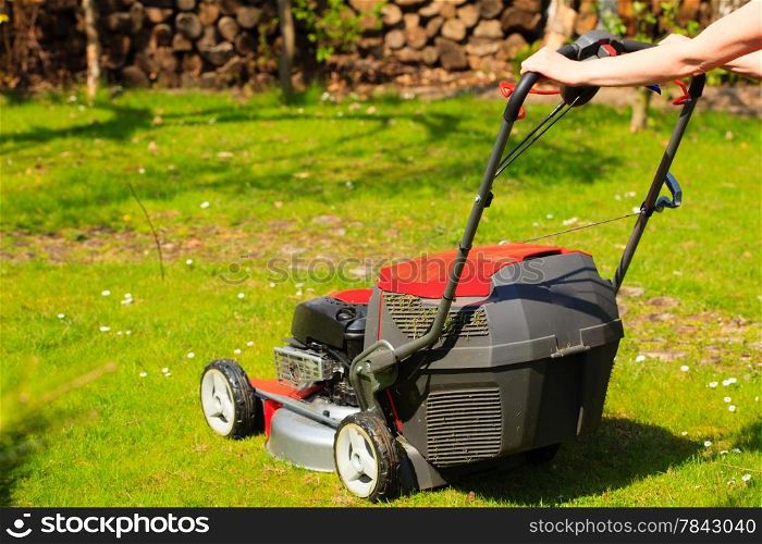 Gardening. Mowing green lawn with red lawnmower in spring day.