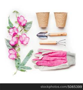 Gardening or planting concept with garden tools, planting peat pots and pink gloves and flowers on white background, top view, flat lay