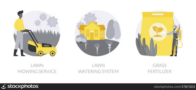 Gardening services abstract concept vector illustration set. Lawn mowing service, lawn watering system, grass fertilizer, aeration and weeding, dandelion removal, irrigation abstract metaphor.. Gardening services abstract concept vector illustrations.