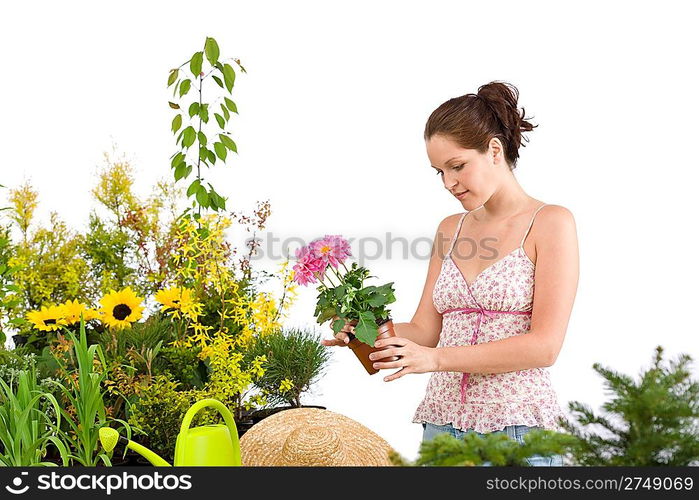 Gardening - smiling woman holding flower pot on white background