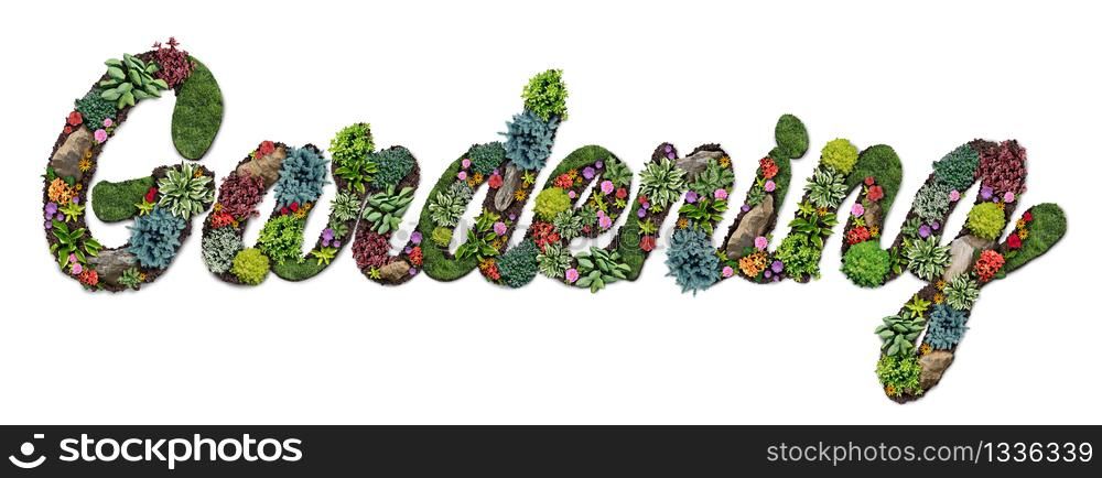 Gardening symbol and Garden text as a landscaping design hobby with perennial lawn with a flowerbed and ornamental plants in a decorative landscaped horticulture sfor outdoor lifestyle.