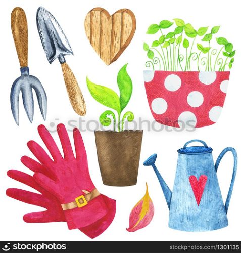 Gardening tools and seedlings watercolor set. Isolated illustration on a white background. To create compositions, cards, prints and decor.