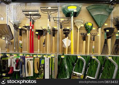 Gardening tools on display in store