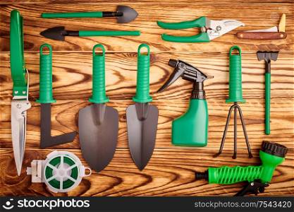 Gardening tools on wooden background flat lay top view