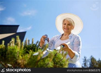 gardening, trimming and people concept - happy senior woman or gardener with hedge trimmer at summer garden. senior gardener with hedge trimmer at garden