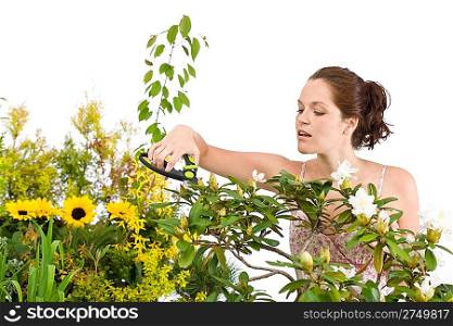 Gardening - woman cutting flower with pruning shears on white background