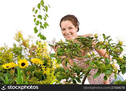 Gardening - Woman with Rhododendron flower blossom on white background