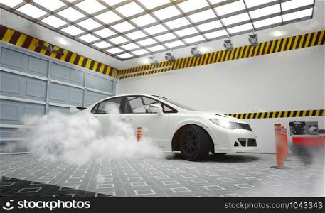 Garege interior with white car and smoke effect on room white wall and tiles floor design. 3D rendering