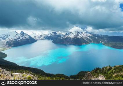 Garibaldi lake. Hike to turquoise waters of picturesque Garibaldi Lake near Whistler, BC, Canada. Very popular hike destination in British Columbia.