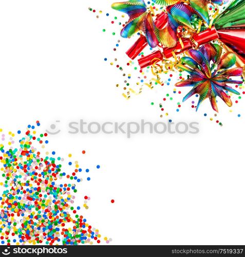 Garlands, streamer, cracker, party hats and confetti. Decoration