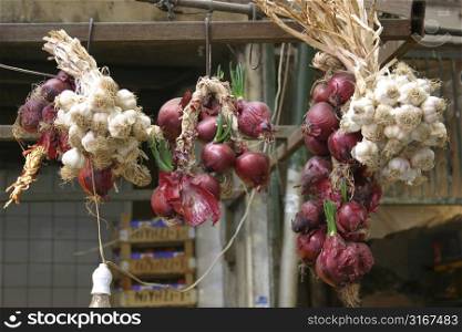 Garlic and onions hanging on a market in Istanbul, Turkey