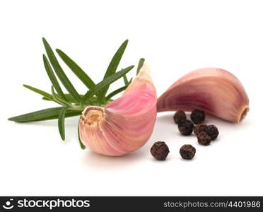 Garlic clove and rosemary leaf isolated on white background