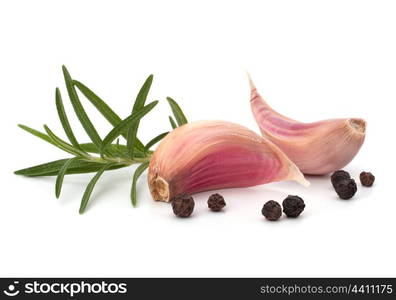 Garlic clove and rosemary leaf isolated on white background