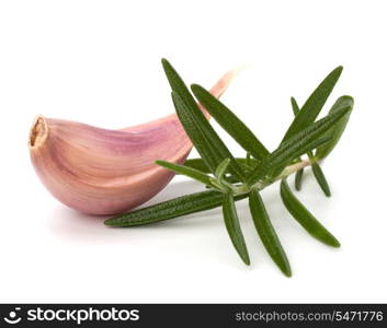 Garlic clove and rosemary leaf isolated on white background