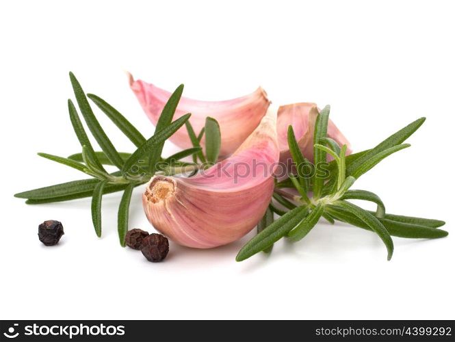 Garlic clove, basil and rosemary leaf isolated on white background