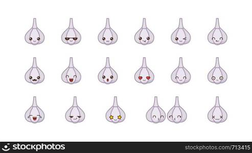 Garlic cute kawaii mascot. Set kawaii food faces expressions smile emoticons.