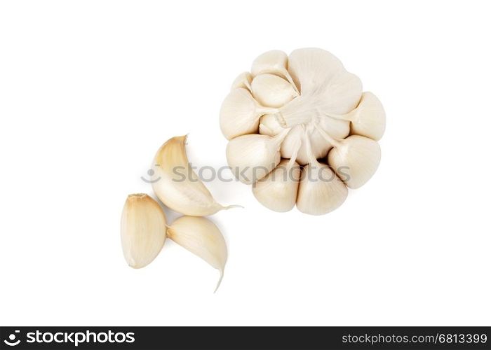 Garlic head and cloves on white background with path