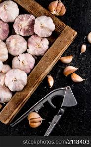 Garlic on a wooden tray with a garlic press. On a black background. High quality photo. Garlic on a wooden tray with a garlic press.