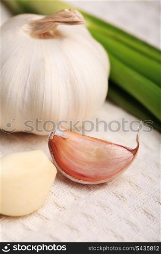 Garlic on tablecloth in the kitchen close up