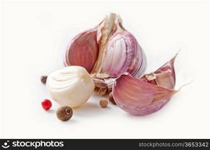 garlic,onion,pepper and basil on a white background