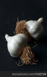 garlic, organic natural garlic on a black background