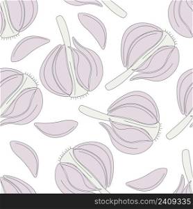 Garlic seamless pattern vector illustration. Background with heads and cloves of garlic. Template with food for wallpaper, fabric, paper. Garlic seamless pattern vector illustration