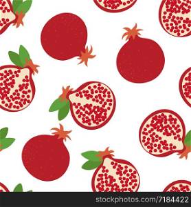 Garnet seamless pattern. Hand drawn fresh pomegranate. Vector sketch background. Color doodle wallpaper. Exotic tropical fruit. Fashion design. Food print for kitchen tablecloth, curtain or dishcloth