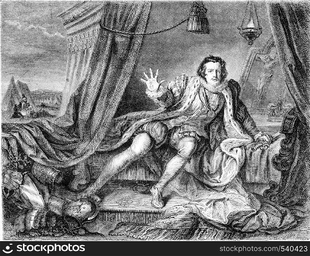 Garrick in the role of Richard III by William Hogarth Painting, Exhibition of art treasures in the United Kingdom in Manchester, vintage engraved illustration. Magasin Pittoresque 1857.