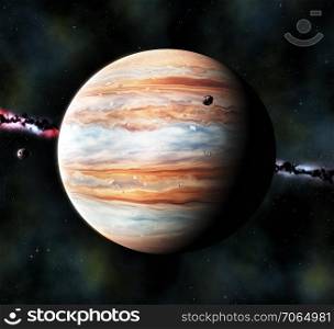 gas giant planet and moons (like Jupiter, Thebe and Amalthea), 3d render