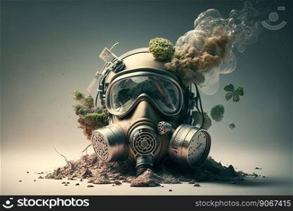 Gas mask over many ashes on dark background. Dectruction concept. Generative AI 