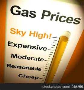 Gas prices sky-high means expensive fuel prices for the car. Costly and unreasonable oil or petrol - 3d illustration. Gas Prices Sky High Monitor Showing Soaring Fuel Expenses