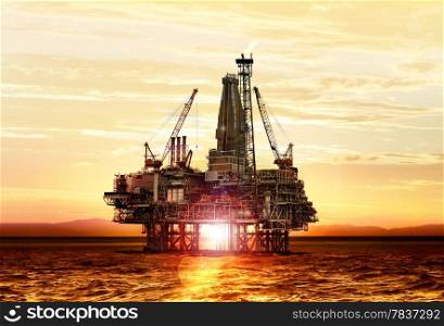 gas production on the sea at sunrise, platform