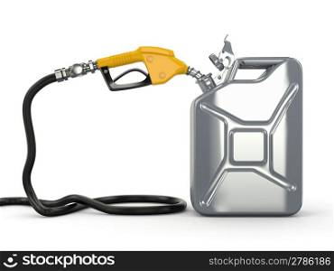 Gas pump nozzle and fuel can on white background. 3d