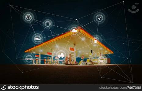 Gas station,traffic,vehicles, wireless communication network, internet of things. Smart automobile concept .