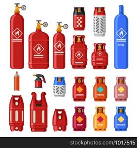 Gas tank. Gaz cylinders with acetylene, propane or butane. Petroleum fuel in safety cylinder. Helium, lpg or fuel oil in metal tank flammable container for stove heating isolated icons vector set. Gas tank. Gaz cylinders with acetylene, propane or butane. Petroleum fuel in safety cylinder. Helium in metal tank isolated vector set